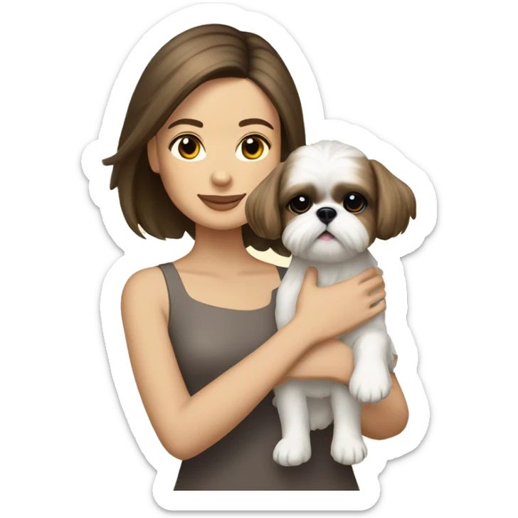 Young brunette hair woman with a cream shih tzu in her arms short hair sticker