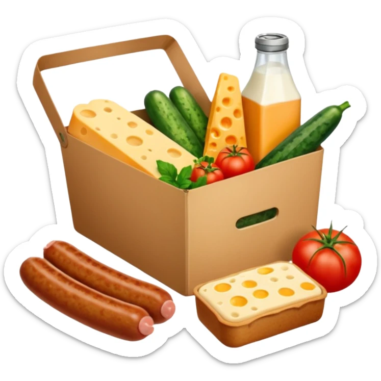 a box of groceries, sausage, cheese, canned meat, herbs, milk, tomatoes, cucumbers, and a loaf of bread sticker