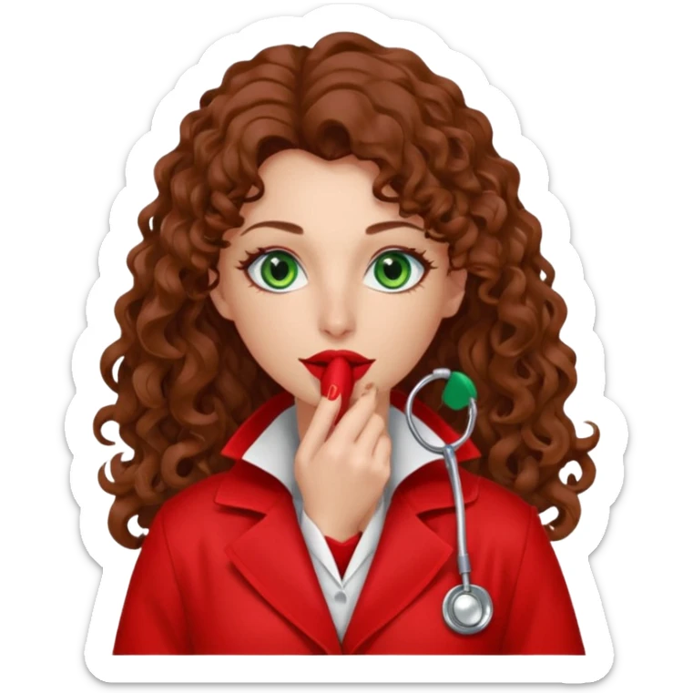 Lilith symbol sexy evil woman. She has green eyes.  had brown long curly hair.  evil surgeon kills with scalpel wears red sexy doctor coat with red mouth cover red gloves. Covers nose, neck  and mouth with Muslim red berka sticker