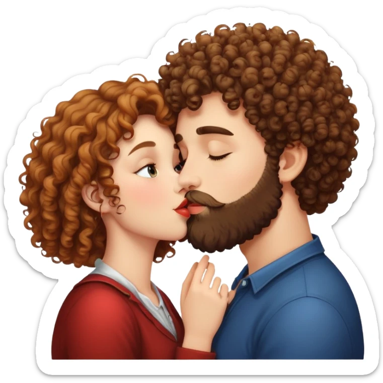 curly haired girl kissing a man with a beard, romantic couple kiss sticker