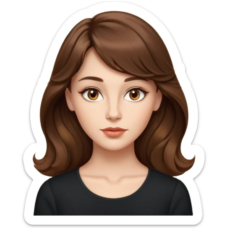 kahverengi uzun Dalgalı saçlı, hafif perçemli; kehribar gözlü, küçük kalkık burunlu ve dolgun dudaklı. Oval yüzlü, çıkık elmacık kemikli. Omuzları geniş, beli ince, kalçası dolgun.şık bir tarzda, dikkat çekici bir kadın. siyah üstü olucak. sticker