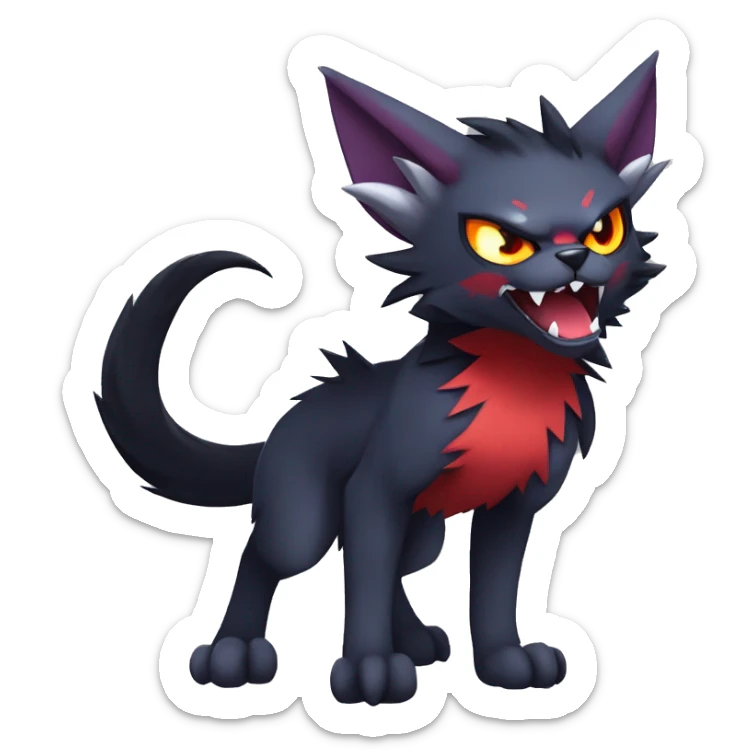   cool edgy beautiful fantasy anime-style dark animal vampiric Litten-Zoroark-Nargacuga-cat-hybrid Fakemon with big fangs and bat-ears full body sticker