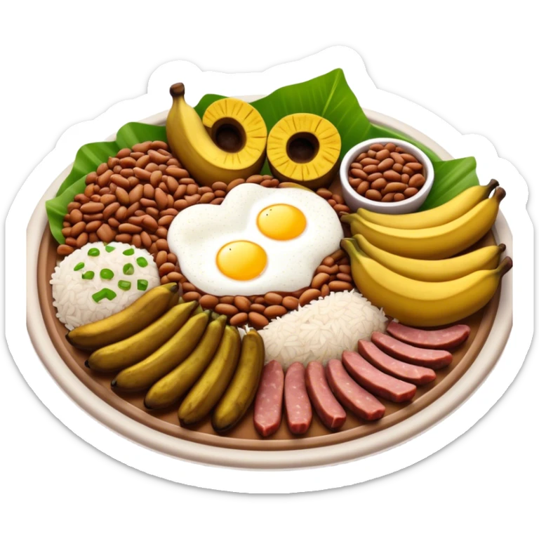 Cinematic Realistic Bandeja Paisa Dish Emoji, depicted as a hearty platter featuring beans, rice, meat, and plantains rendered with detailed textures and vibrant, robust lighting. sticker