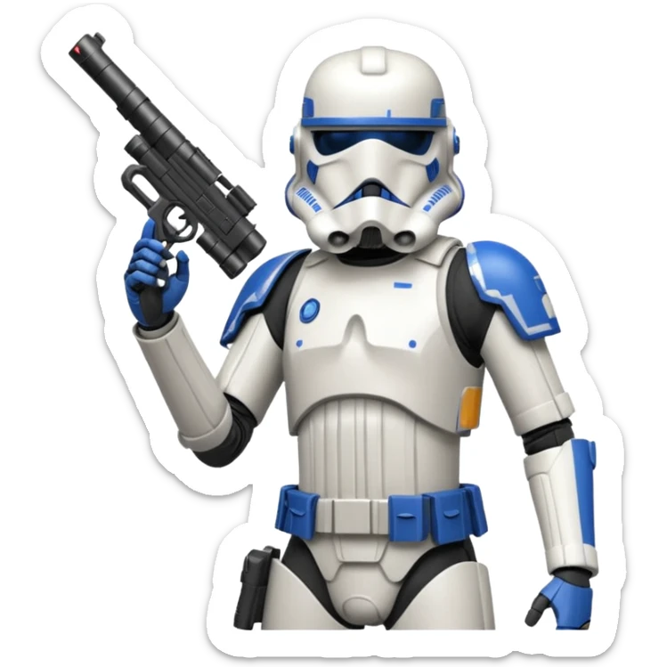 A starwars 501st clonetrooper with rally makes on the helmet holding his blaster in his left hand aiming the gun up with elbow bent so it’s not above the head sticker