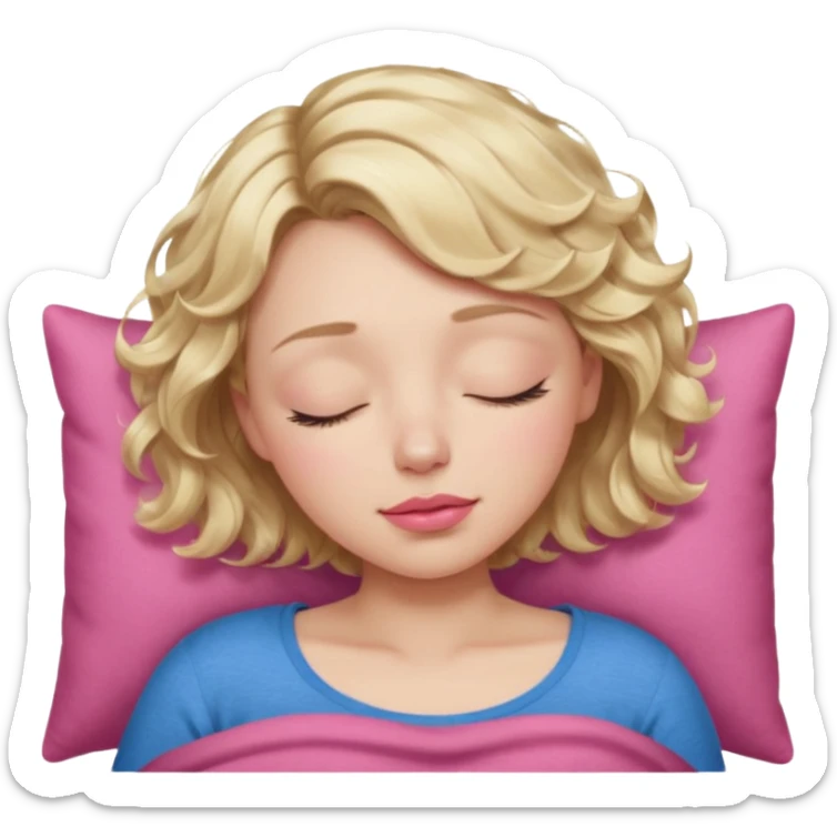 Girl Blonde short wavy hair,  blue eyes, cute blue top, long lashes, pink lips, sleeping eyes closed, zzzz  sticker
