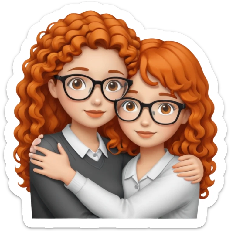 girl with orange and straight hair hugging a girl with curly brown hair with glasses sticker