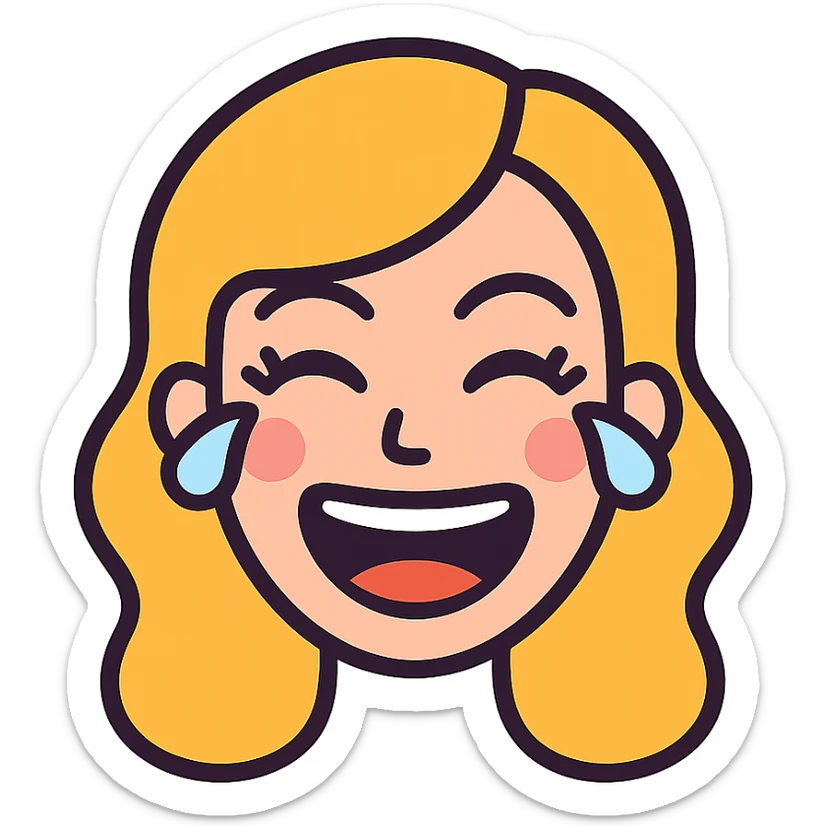 playful vector emoji of a joyful woman laughing uncontrollably, eyes tightly closed with tears, wide open mouth, teeth and tongue visible, rosy cheeks, expressive, long eyelashes, subtle makeup, vibrant colors, smooth and clean lines sticker