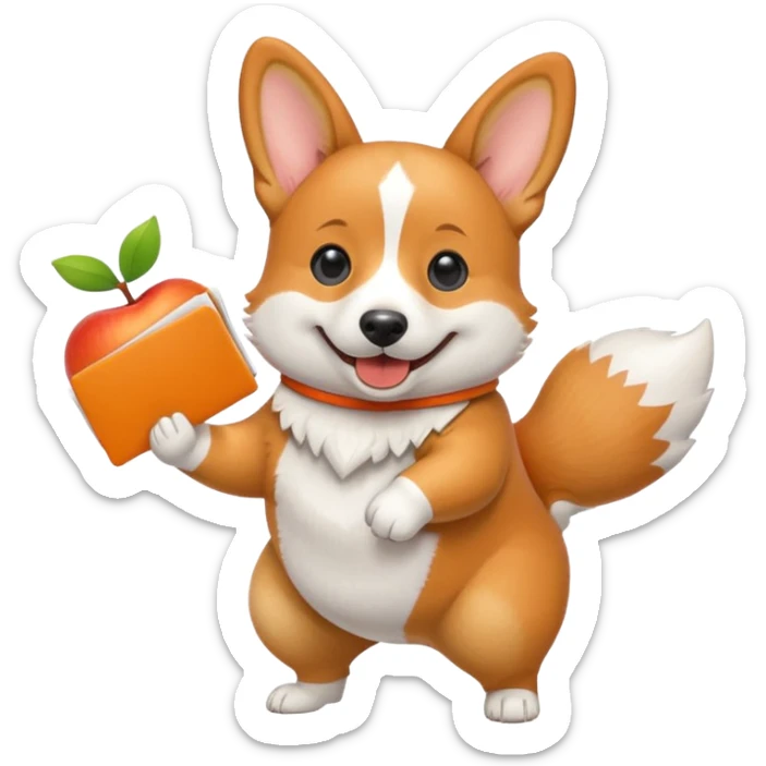 playful corgi emoji carrying several resumes in its mouth, tail up, no hands, clean and iconic, apple emoji style sticker