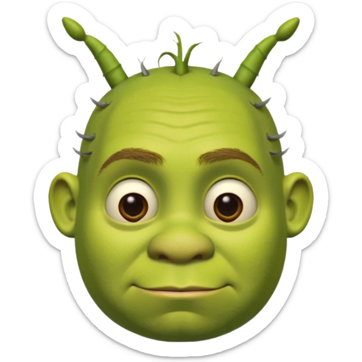Shrek avec deux petites antennes-oreilles cylindriques plantées de chaque côté de la tête : elles sont courtes, épaisses, avec une ouverture ronde à l’extrémité.
 sticker