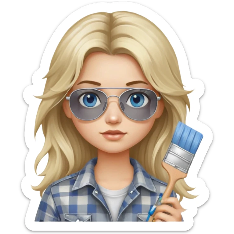 girl with long blond messy hair, wearing grey plaid shirt with blue eyes and aviator sunglasses wearing a ring on her silver necklace, holding a paint brush roller with a small bit of white paint on her face sticker