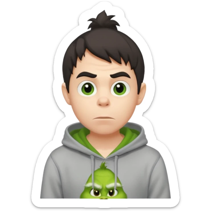 Create an avatar of white European with dark hair  male in hoodie with ``BST`` letters on it. Make background to look like from movie Grinch. make him look from right to left sticker