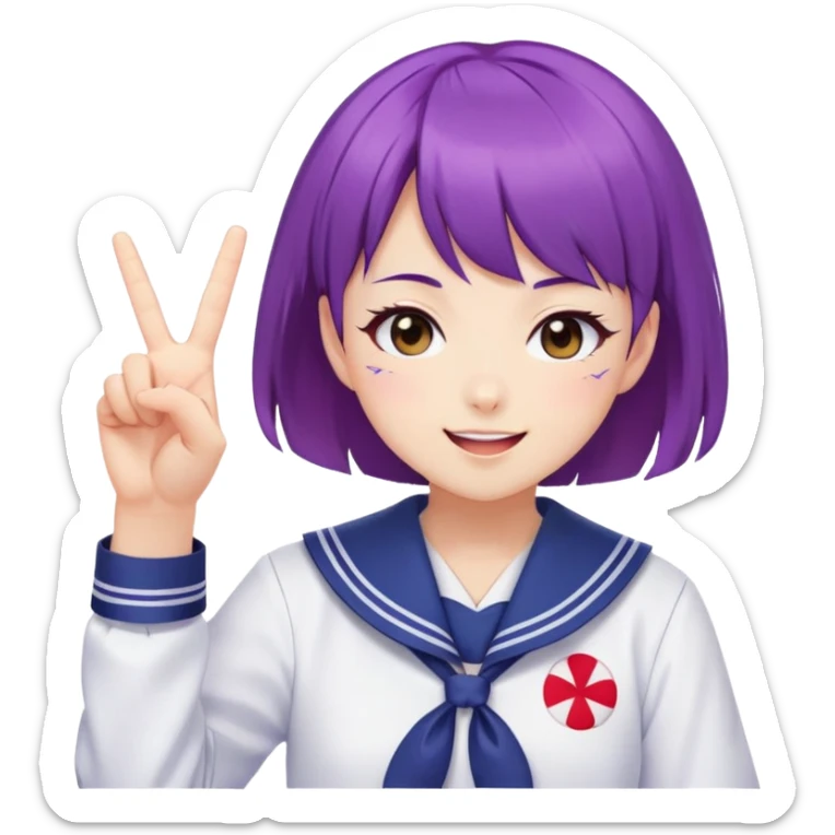 Energetic anime girl with short purple hair wearing Japanese sailor style school uniform, winking and making double peace signs, very cheerful and bubbly, kawaii style sticker