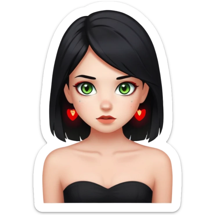 Girl with grey green eyes. Black hair with red perk-a-boo underlights and frontlights. Medium long hair. Black strapless crop top. Skinny face with birthmark under left cheek. sticker
