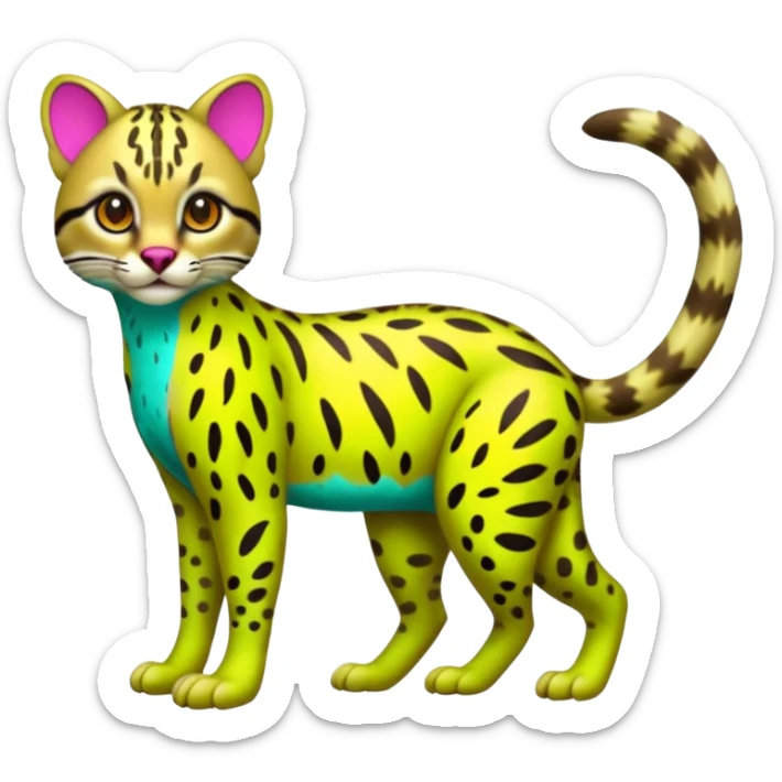 Neon-colored fantasy ocelot--marsupial-critter-vernid-fursona animal creature full body with intricate markings  sticker