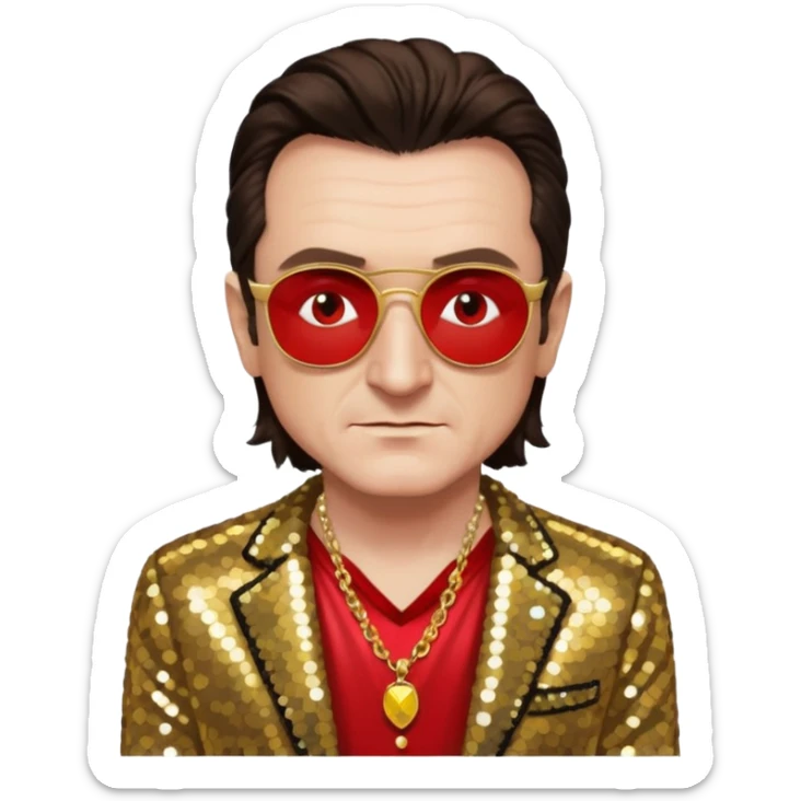 Bono with gold sequin jacket, red shirt with necklace, dark brown medium hair sticker
