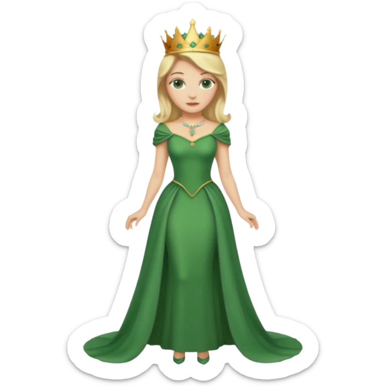 Queen, crown, blonde hair, green eyes, long green tight dress, whole Body, sticker