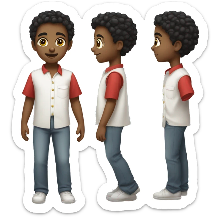 a young child with slightly curly black hair, red, round, but pointed eyes, and a white shirt and trousers sticker