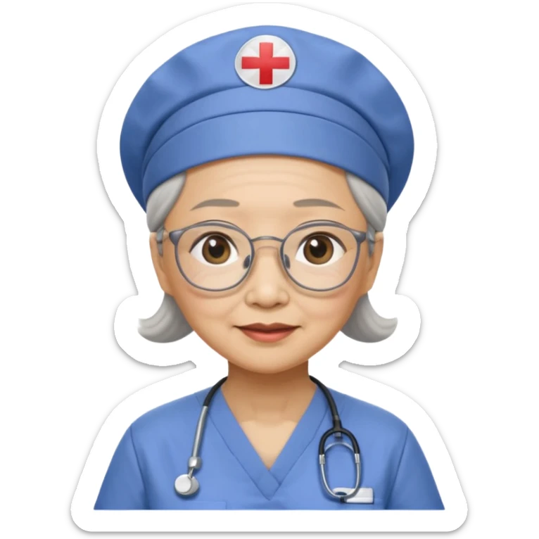 OLD ASIAN WOMAN WITH GLASSES, NURSE SCRUBS, CAP, HIDDEN HAIR sticker