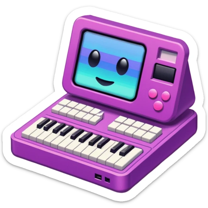 Necesito botones para un reproductor de música, los botones tienen que mezclar un estilo pixel art con vaporwave y usar como coló principal un morado. sticker