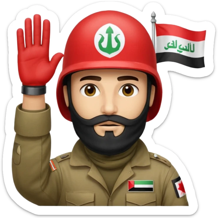 surrenders, depicts an Iraqi soldier from 1980, with a beard, in a helmet, a helmet with sign flag Iraq, with a balaclava, with sad eyes and both hands raised up sticker