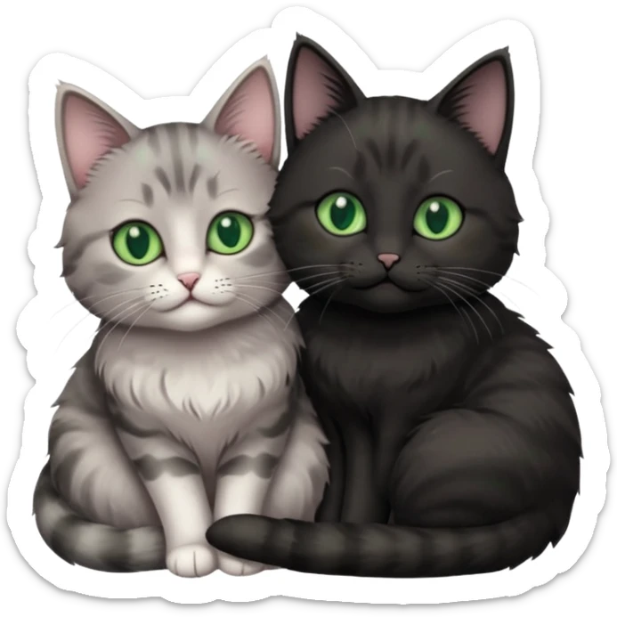 1 grey cat with pastal green eyes and 1 black with green eyes cat cuddling sticker