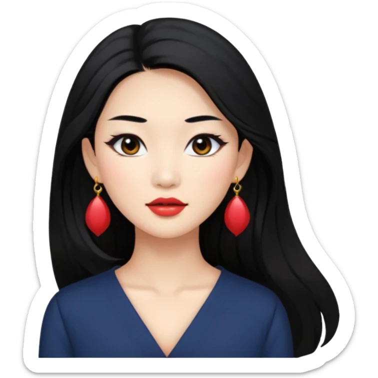 Attractive asian woman with a wide face, dark makeup, Long hair and earrings sticker