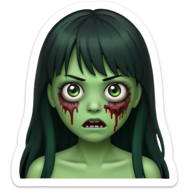 scary zombie emoji, green skin, long black hair with bangs, wide eyes sticker