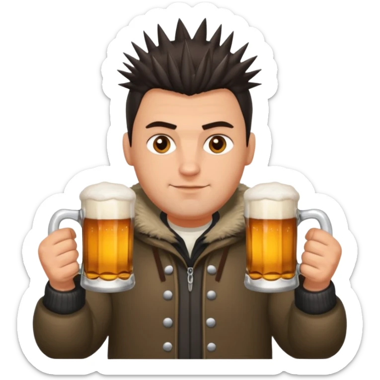 big slavic guy sitting in yoga pose, spiky short dark hair, holding beer mugs in two hands, winter dressed sticker