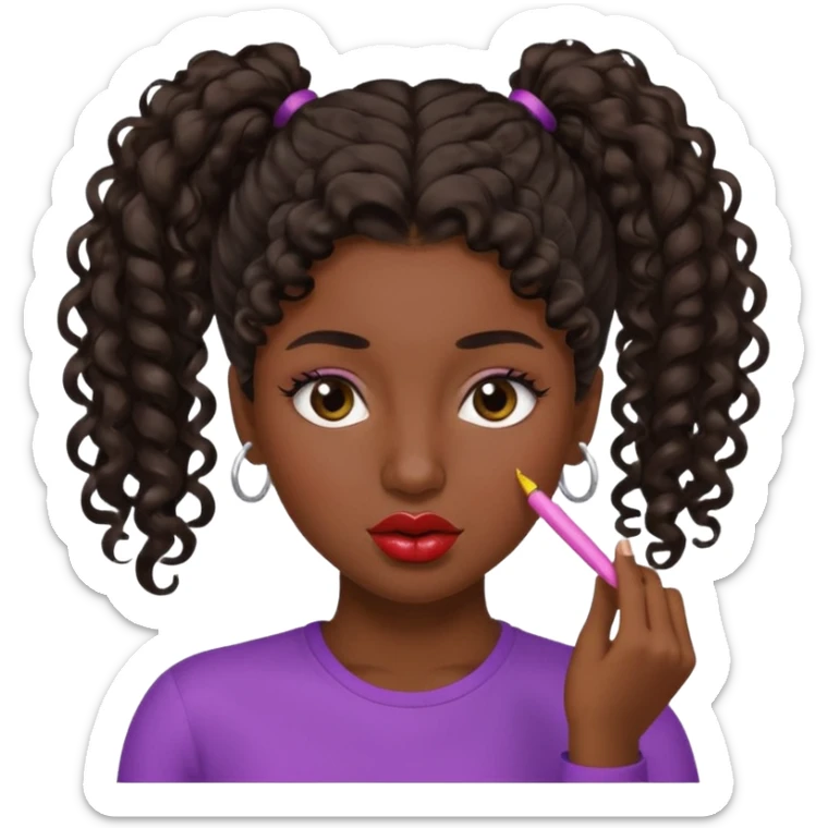 emoji sucking its lips in with one eyebrow up and the other one down dark skin and curly hair in one ponytail with eyelashes up to her hair sticker