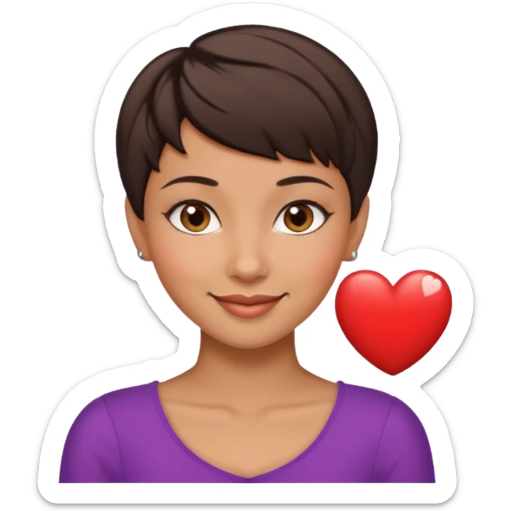 woman pixie cut dark brown hair, tan skin, brown almond eyes, heart shaped face sticker