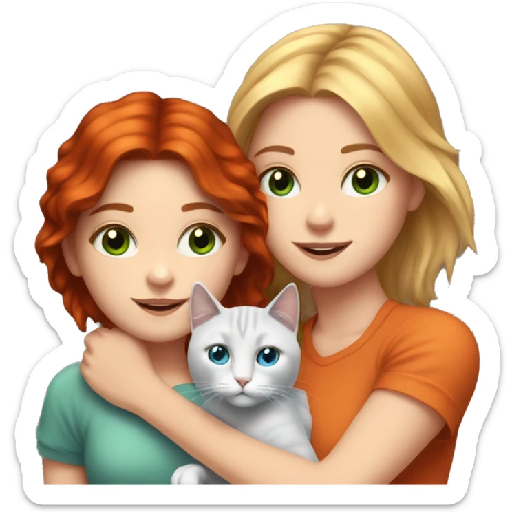 Realistic white girl dark red hair and blue green eyes hugs one orange and one gray cat  sticker
