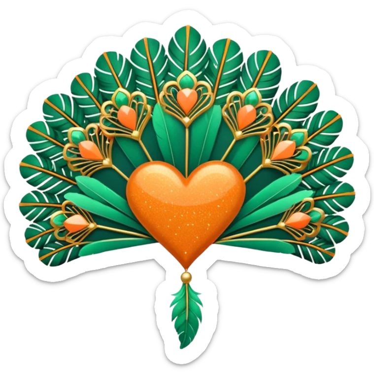 orange glitter heart with art deco pastel green feather fans and decoration in the background sticker