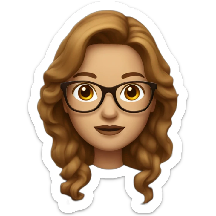 A classic Apple Memoji of a woman with long brown hair, brown eyes and golden frame glasses sticker