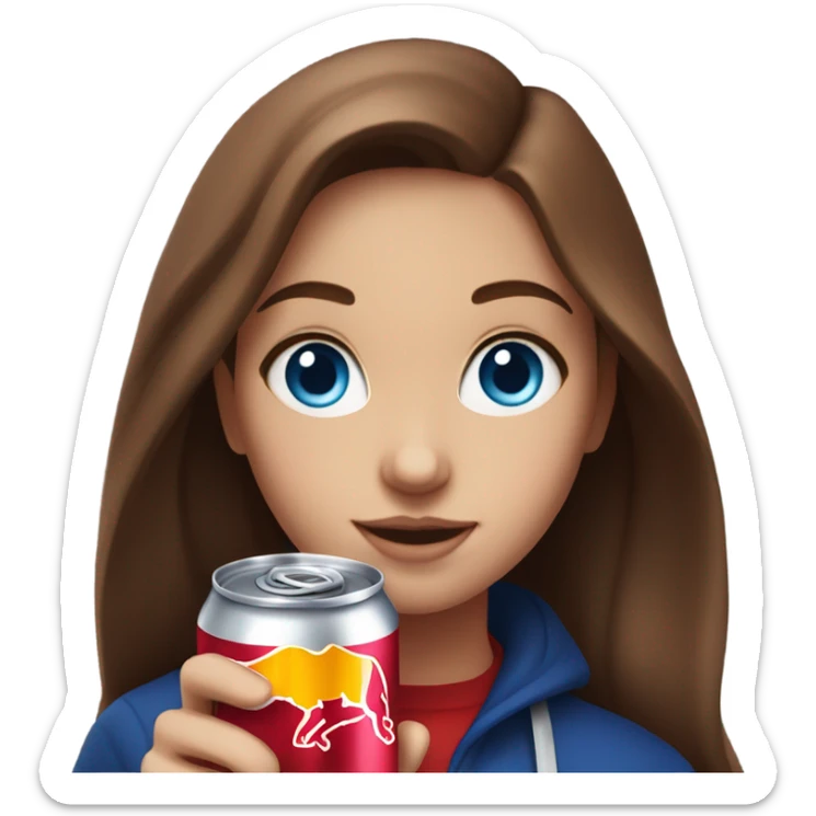 Girl with blue eyes and long brown hair holding Red Bull drink sticker