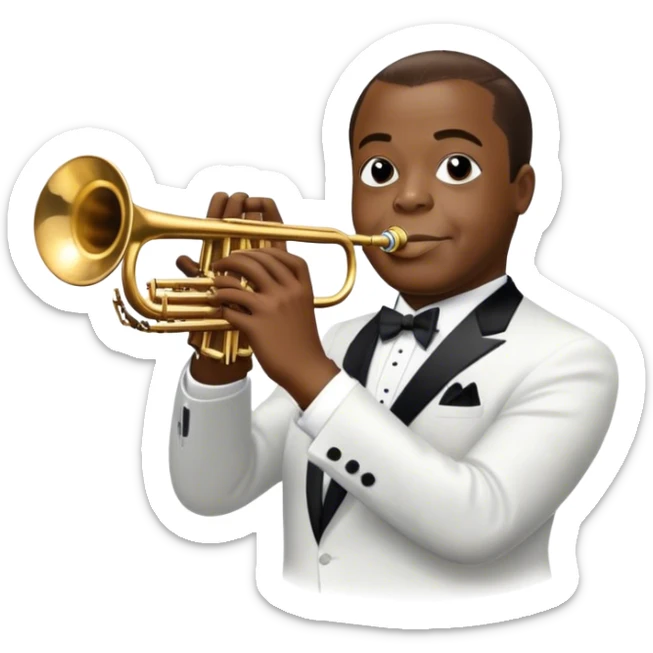 Icon for Jazz Music: Louis Armstrong with his trumpet in front of a jazz orchestra. Include musical instruments like a saxophone, trumpet, and piano, with floating musical notes around. The design should capture the smooth and soulful vibe of jazz. Transparent background. sticker