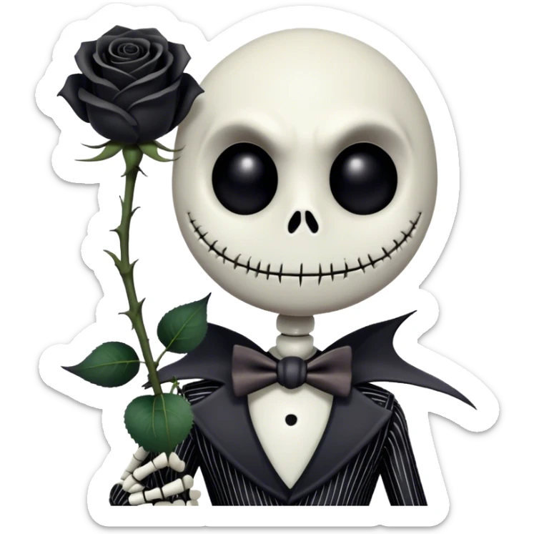 Cinematic 3D ultra realistic 32K HD image of Jack skellington holding a black rose, stunning detail as though captured in a timeless photograph, rich textures, visually rich, so lifelike that it feels like it could leap off the page at any moment sticker