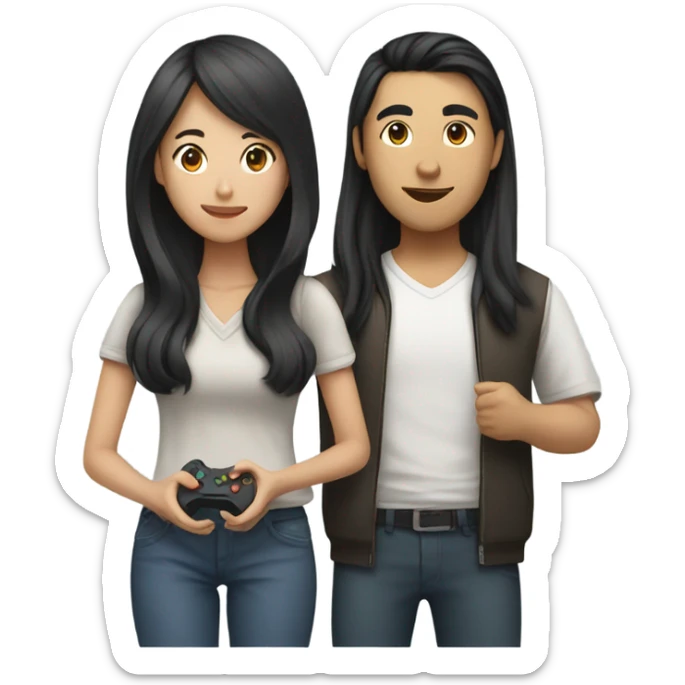 Asian female with long hair and Asian male playing video games sticker