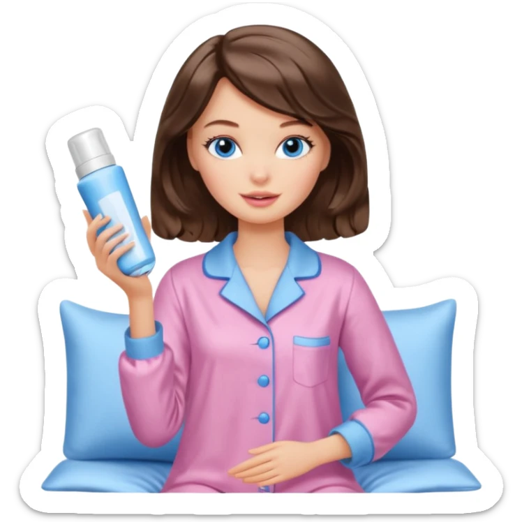 Barbie girl with makeup, blue eyes , and bob long haircut wavy, short brown hair in creamy color pajamas, face cream in hand sticker