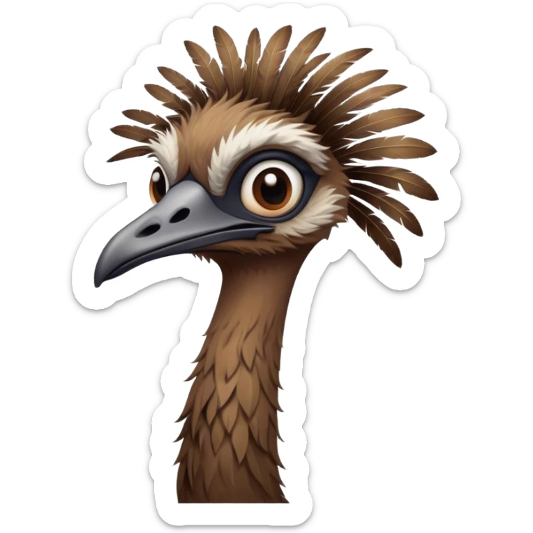 Cinematic Noble Emu Portrait Emoji, Poised and regal, with a tall, slender build and a shaggy, well-groomed fur of earthy brown feathers, a long elegant neck and deep-set soulful eyes, Simplified yet sharp and sophisticated features, highly detailed, glowing with a soft, dignified glow, high shine, intelligent and stately, stylized with an air of outback majesty, focused and attentive, soft glowing outline, capturing the essence of a watchful and confident bird, so majestic it feels as though it could stride out of the screen with effortless authority! sticker