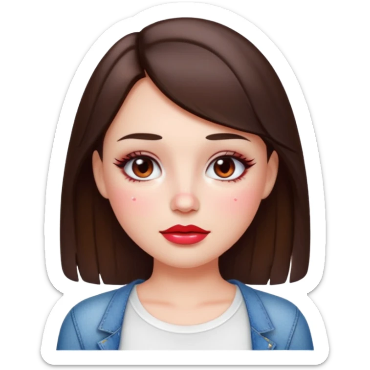“Emoji brunette girl white top, dewy skin, heavy blush across cheeks and nose bridge, glossy cherry lips, soft eyeliner, teary sparkling eyes like hanni from new jeans sticker
