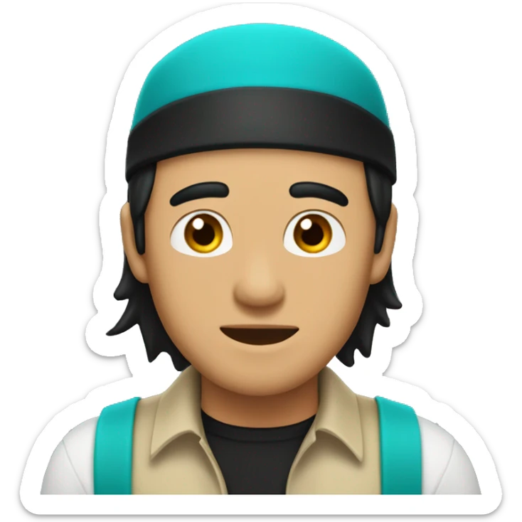Generate an emoji of a man wearing a turquoise cap with long black hair, a black unbuttoned shirt, and a solid beige undershirt. sticker