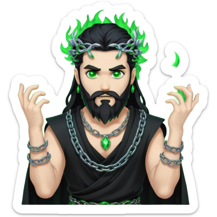 hades greek god with green flames and beard with chains on his arms and neck, Long hair. Dynamic pose sticker