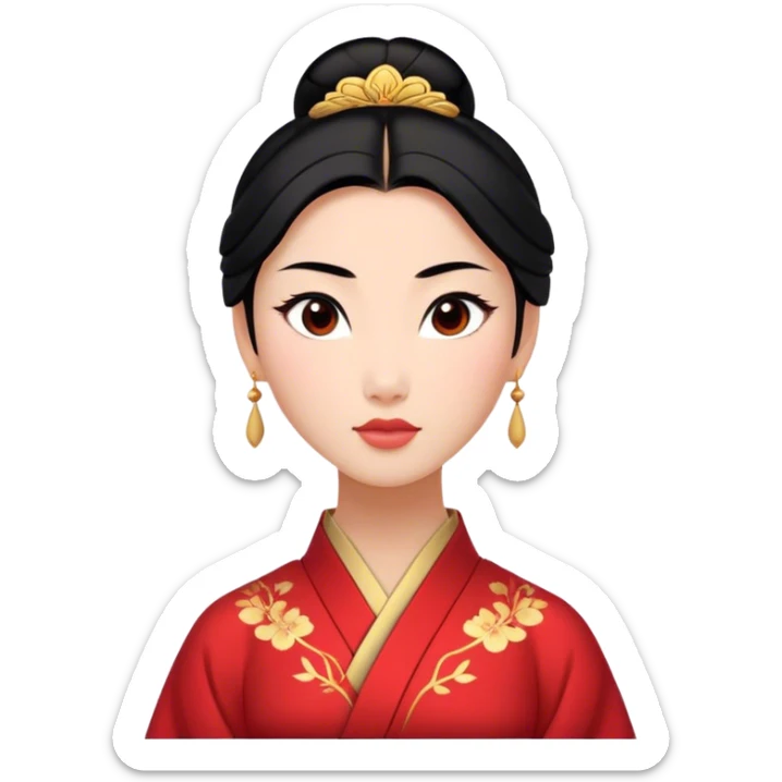 Cinematic Elegant Mulan Portrait Emoji, rendered in a realistic, vector-style with minimal shading and bold, simplified shapes. Depict Mulan (chest and above) with warm, light-toned skin, almond-shaped eyes, and sleek black hair styled in a traditional bun. She wears a modest, traditional robe with subtle red and gold accents, glowing with a soft, refined radiance and high shine, capturing timeless beauty and inner strength. sticker
