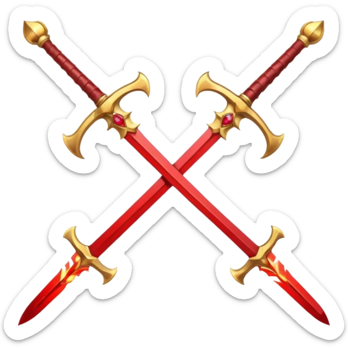 Two crossed swords that are golden in blade and handle and have fiery and royal appearence to them as well as red gem stones sticker