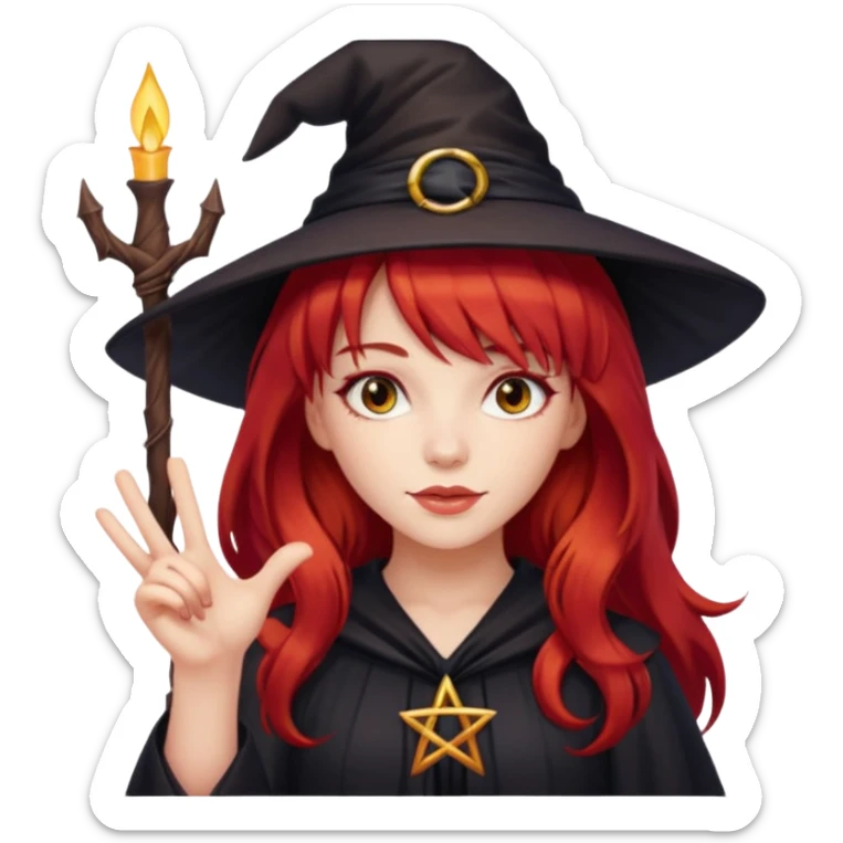 a witchy girl with long red hair and bangs holding a lucky sign sticker