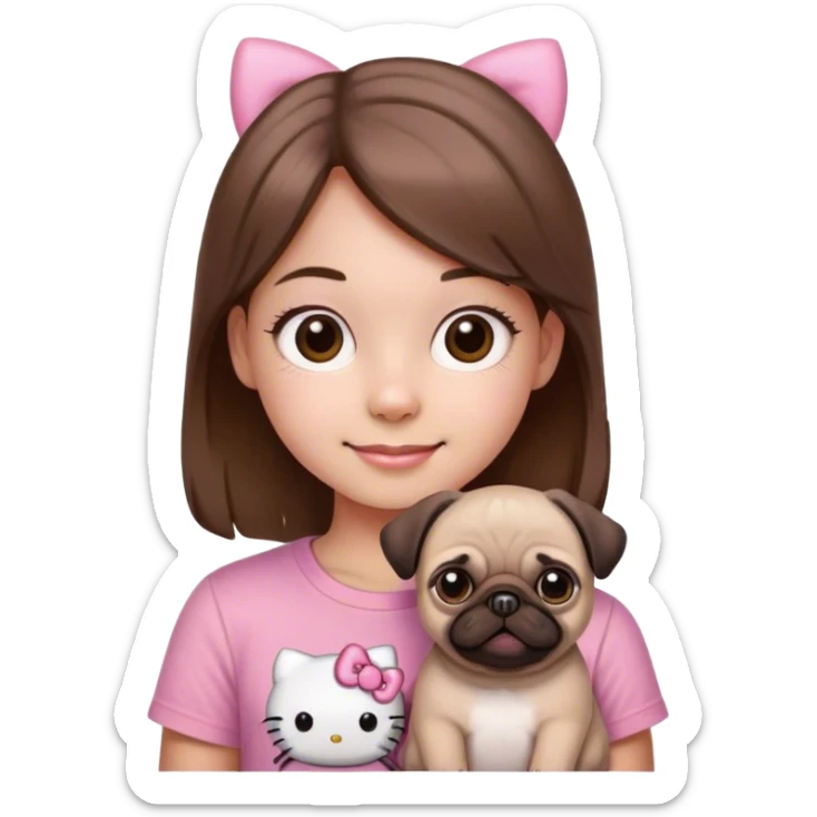 Happy Young Girl with pink hello kitty shirt brown hair and brown eyes and brown pug sticker