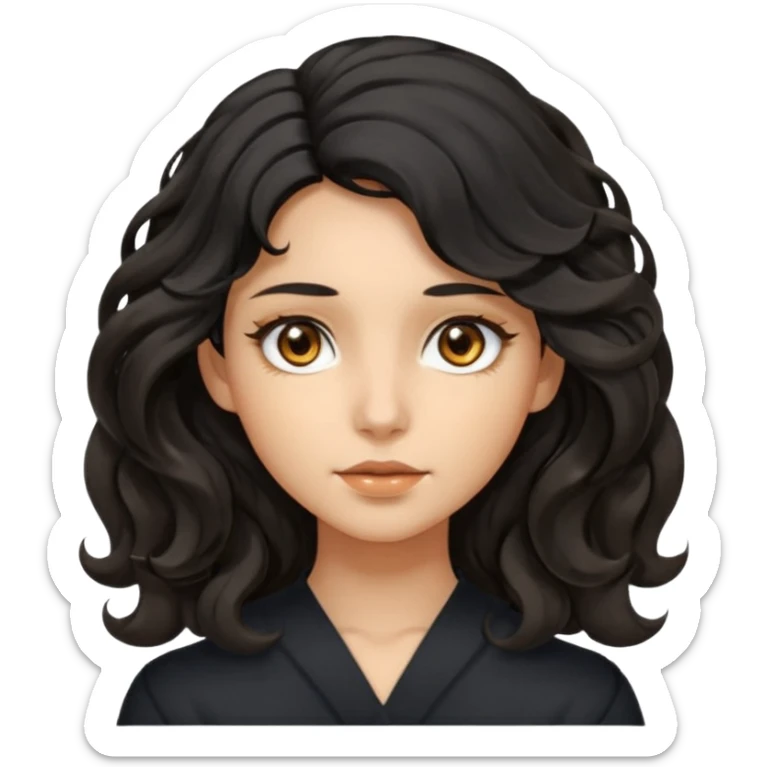 this avatar of girl has shoulder-length black wavy hair with loose curls framing the face, and a long, pointed face with golden-brown eyes and a calm, neutral expression. sticker