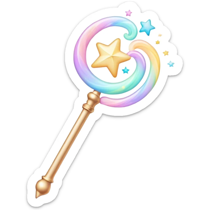 Cinematic cute magical wand, pastel swirls of color, tiny twinkling stars floating around, glowing softly, chubby rounded edges, whimsical and dreamy. sticker