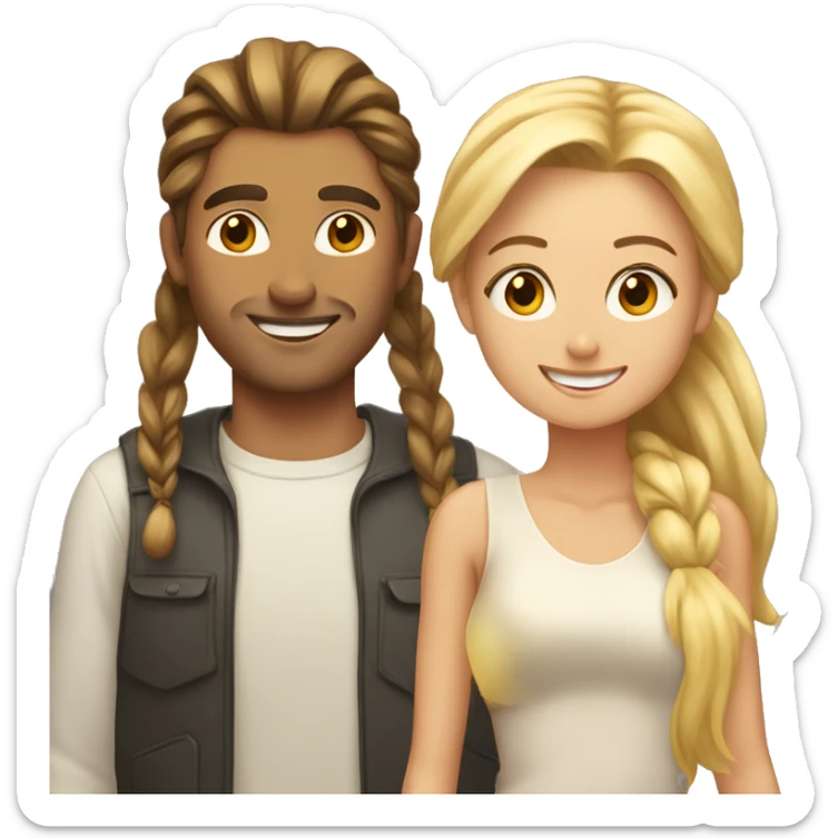 Woman and man smiling, woman has straight Brown hair in a ponytail, slightly sunkissed skin, man has blonde long hair which are in a ponytail, slightly sunkissed skin sticker