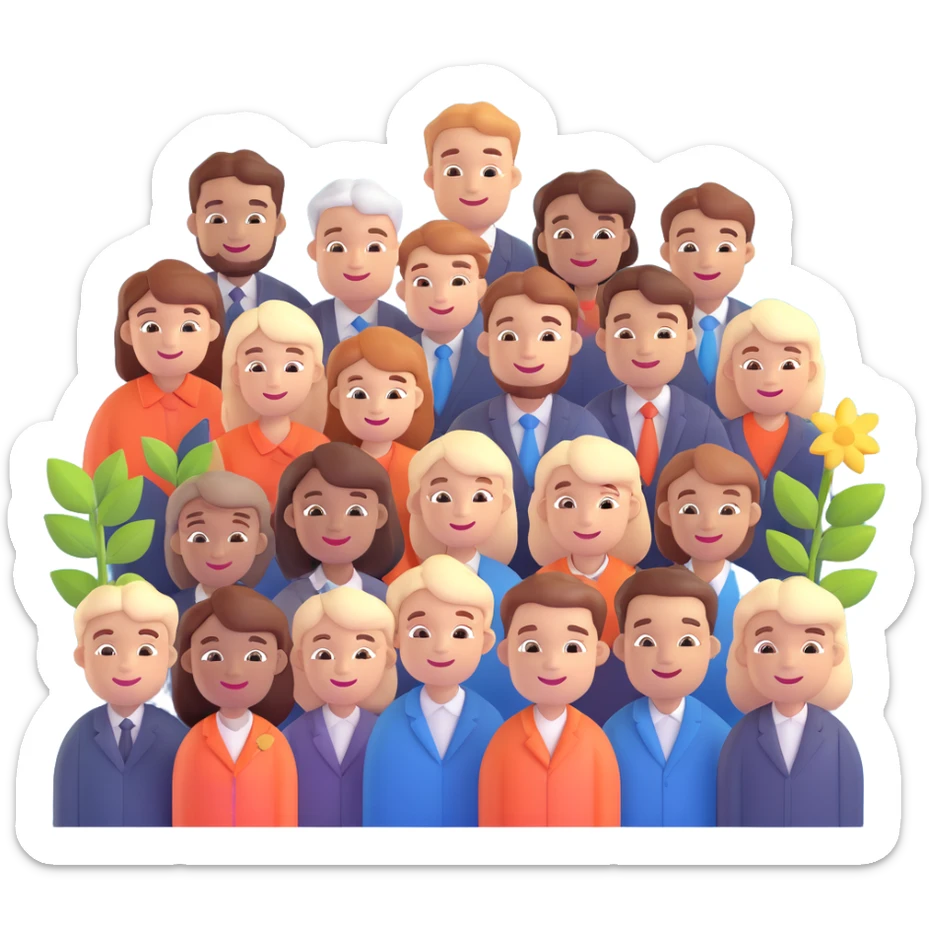 3D emoji-style illustration of a diverse group of happy employees standing together, with subtle symbols of growth and positivity like a heart and sparkles, soft shading, friendly, modern sticker